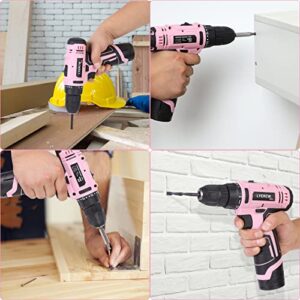 LYERCW 12V Cordless Drill, Pink Electric Drill Driver Set with 21Pcs Driver/Drill Bits, 25+1 Torque Setting, 3/8" Keyless Chuck, 2 Variable Speed, LED Light, Storage Bag