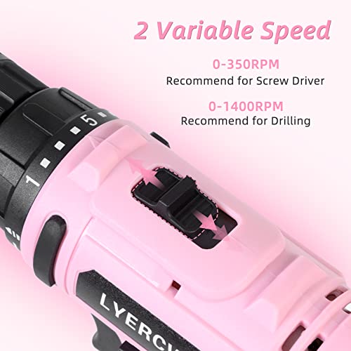 LYERCW 12V Cordless Drill, Pink Electric Drill Driver Set with 21Pcs Driver/Drill Bits, 25+1 Torque Setting, 3/8" Keyless Chuck, 2 Variable Speed, LED Light, Storage Bag