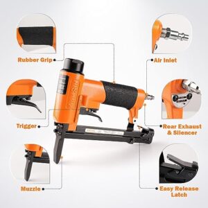 KAMSIN KN7116L 22 Gauge Pneumatic Upholstery Stapler, 3/8-inch(9.0mm) Crown Fine Wire Stapler Gun, 1/4-inch to 5/8-inch(6-16mm) Leg Length Long Nose Upholstery Staple Gun for Upholstering