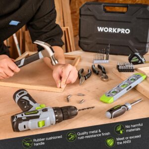 WORKPRO Home Tool Kit with Power Drill, 108PCS Power Home Tool Set with 12V 1.5 Ah Battery Powered Screwdriver and Tool Box, Electric Cordless Drill Set with Keyless Chuck and Variable Speed Trigger