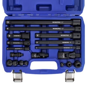 workpro 18-pieces drive tool accessory set, includes socket adapters, socket extension bar, swivel universal joints and impact coupler, 1/4", 3/8" & 1/2" drive
