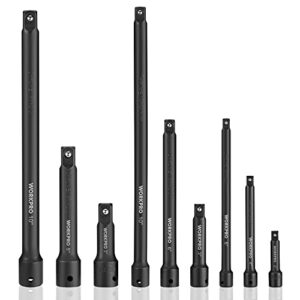 workpro 9 pcs impact driver extension bar set, 1/4", 3/8" and 1/2" drive socket extension, premium chrome vanadium steel with black phosphate finish, storage tray included