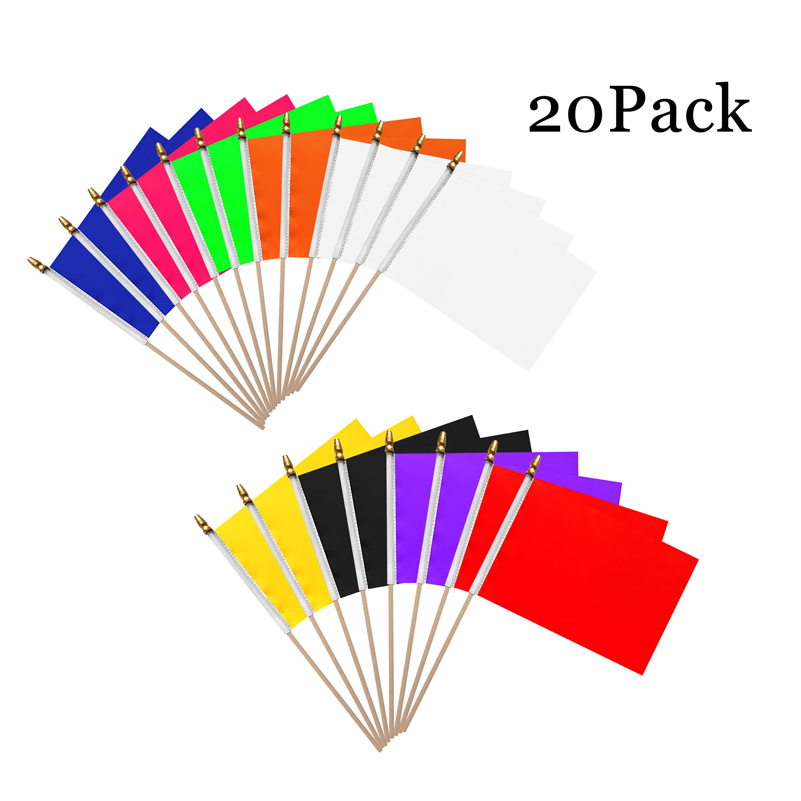 WEITBF 20 Pack Solid Color Blank Sublimation Flags Set Small Mini Hand Held Plain White Red Blue Yellow Green Orange Black Purple Pink DIY Flags on Wood Stick,8.2 x 5.5 Inch