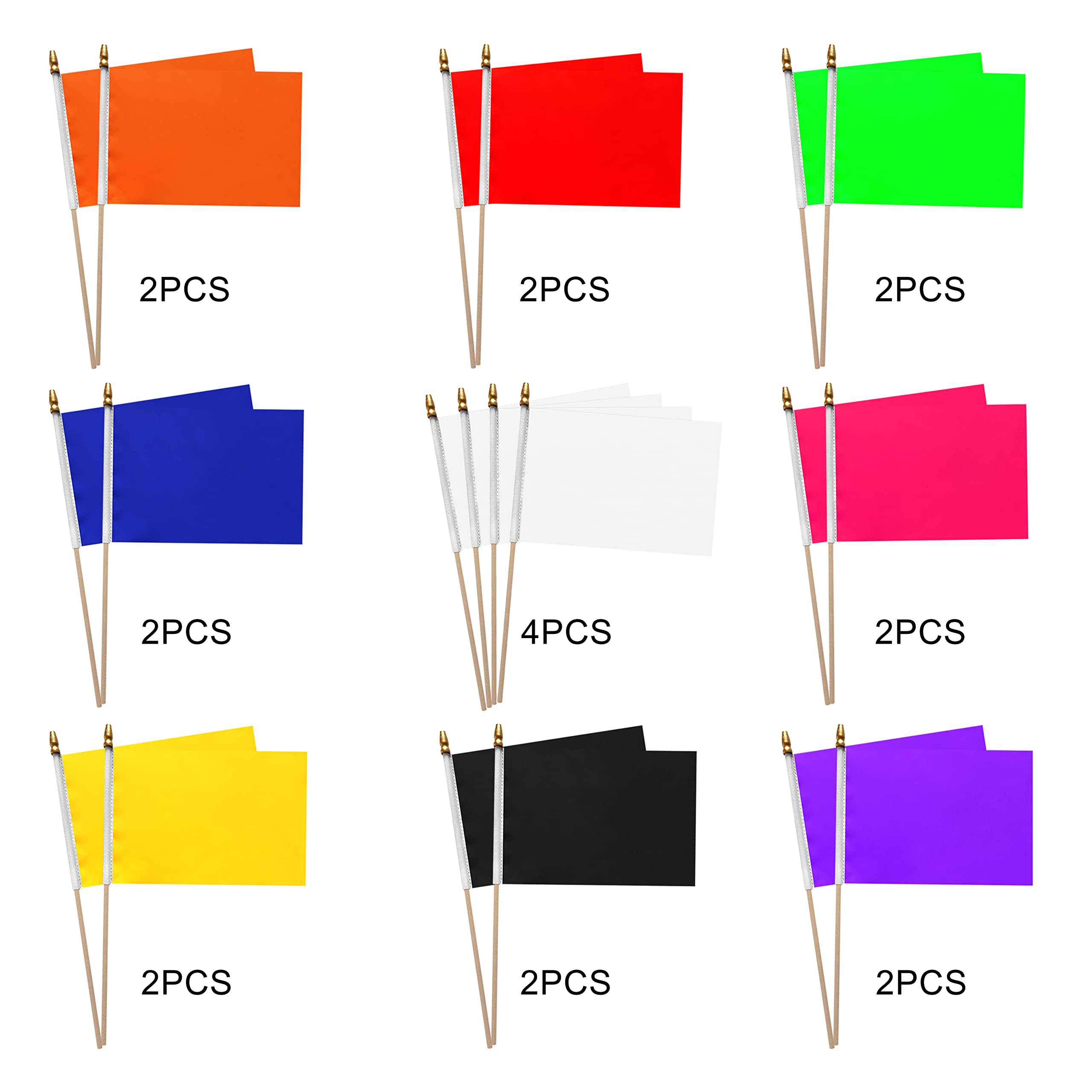 WEITBF 20 Pack Solid Color Blank Sublimation Flags Set Small Mini Hand Held Plain White Red Blue Yellow Green Orange Black Purple Pink DIY Flags on Wood Stick,8.2 x 5.5 Inch