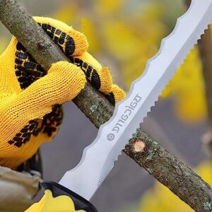 BaiCarre Stainless Steel Garden Knife with Yellow New Handle, 7.8" Double Side Utility Sod Cutter Lawn Repair Garden Knife with Nylon Sheath