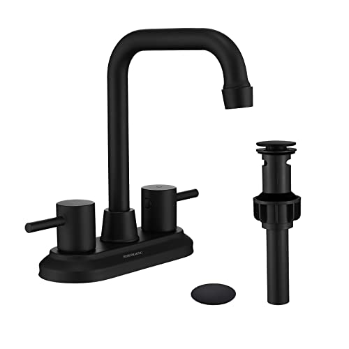 REHOMAONG Matte Black Bathroom Faucet 3 Hole with Pop-up Drain,360 Swivel Spout 2-3 Hole RV Bathroom Vanity Sink Faucet, Bathroom Sink Faucet,4 Inch 2 Handle Bathroom Faucet