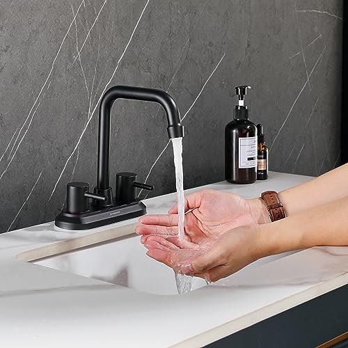 REHOMAONG Matte Black Bathroom Faucet 3 Hole with Pop-up Drain,360 Swivel Spout 2-3 Hole RV Bathroom Vanity Sink Faucet, Bathroom Sink Faucet,4 Inch 2 Handle Bathroom Faucet
