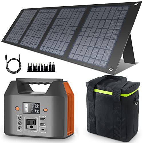 EnginStar150W Small Solar Generator with 40W Solar Panel and Carry Bag, 6 Outputs 42000mAh Portable Charger Power Bank for Outdoor Home Emergency