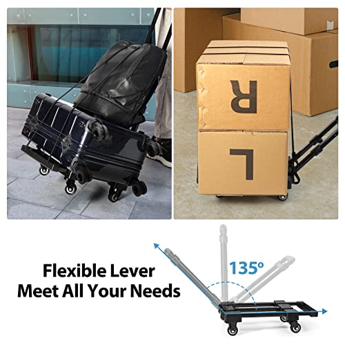 CrazyAnt Foldable Hand Truck, 220lbs Compact Heavy Duty Portable Dolly with Extendable Platform, Dolly Cart with 4 Wheels for Luggage Outdoor Moving Travel Auto