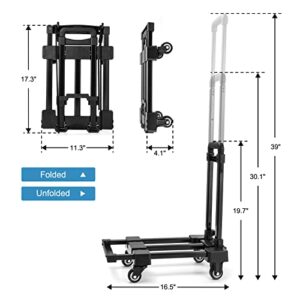 CrazyAnt Foldable Hand Truck, 220lbs Compact Heavy Duty Portable Dolly with Extendable Platform, Dolly Cart with 4 Wheels for Luggage Outdoor Moving Travel Auto