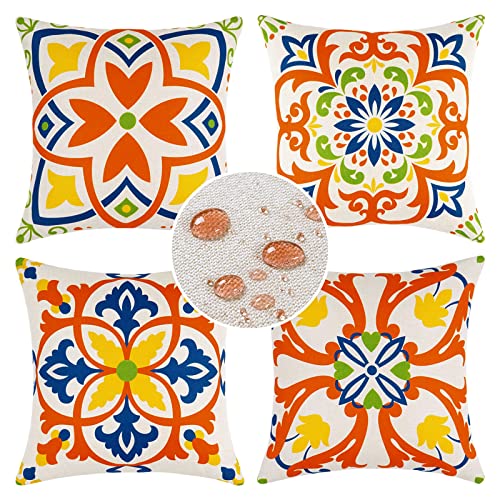 UINI Outdoor Pillow Covers Set of 4, Waterproof Pillow Covers 18x18 Inch, Boho Decorative Throw Pillow Covers for Furniture, Patio, Balcony (Orange)