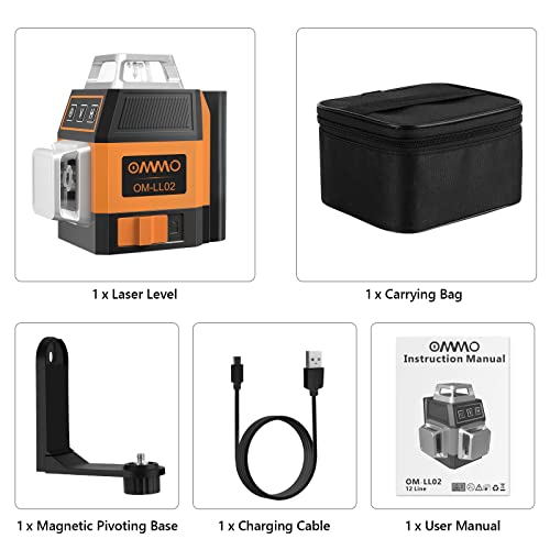 OMMO Laser Level, 12 Lines Green Laser Level Self Leveling Tool, 150ft Mini Laser Level Beam Tool with Two 360° Vertical and One 360° Horizontal Lines, Magnetic Stand and USB Cable Included