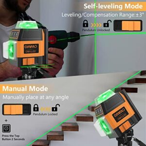 OMMO Laser Level, 12 Lines Green Laser Level Self Leveling Tool, 150ft Mini Laser Level Beam Tool with Two 360° Vertical and One 360° Horizontal Lines, Magnetic Stand and USB Cable Included