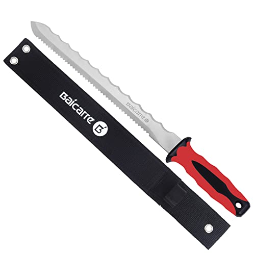 BaiCarre Stainless Steel Garden Knife with Red New Handle, 11" Double Side Utility Sod Cutter Lawn Repair Garden Knife with Nylon Sheath