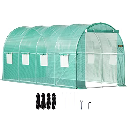 VEVOR Walk-in Tunnel Greenhouse, 14.8 x 6.6 x 6.6 ft Portable Plant Hot House w/ Zippered Door, 8 Roll-up Windows, Galvanized Steel Hoops, 1 Top Beam, and 2 Diagonal Poles, Green