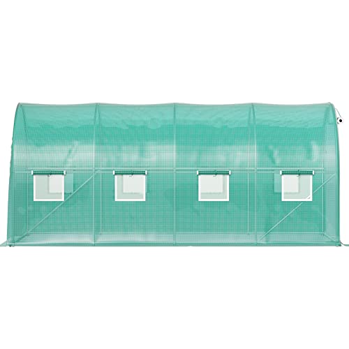 VEVOR Walk-in Tunnel Greenhouse, 14.8 x 6.6 x 6.6 ft Portable Plant Hot House w/ Zippered Door, 8 Roll-up Windows, Galvanized Steel Hoops, 1 Top Beam, and 2 Diagonal Poles, Green