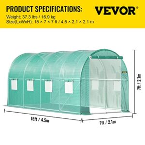 VEVOR Walk-in Tunnel Greenhouse, 14.8 x 6.6 x 6.6 ft Portable Plant Hot House w/ Zippered Door, 8 Roll-up Windows, Galvanized Steel Hoops, 1 Top Beam, and 2 Diagonal Poles, Green