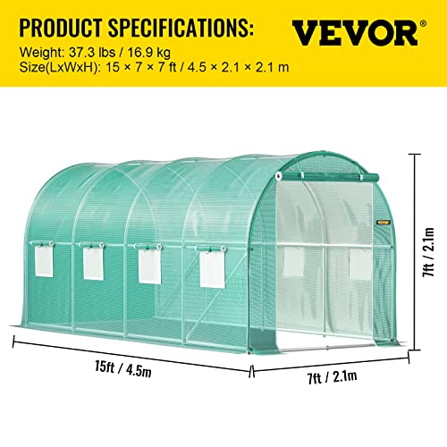 VEVOR Walk-in Tunnel Greenhouse, 14.8 x 6.6 x 6.6 ft Portable Plant Hot House w/ Zippered Door, 8 Roll-up Windows, Galvanized Steel Hoops, 1 Top Beam, and 2 Diagonal Poles, Green