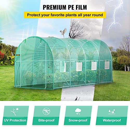 VEVOR Walk-in Tunnel Greenhouse, 14.8 x 6.6 x 6.6 ft Portable Plant Hot House w/ Zippered Door, 8 Roll-up Windows, Galvanized Steel Hoops, 1 Top Beam, and 2 Diagonal Poles, Green