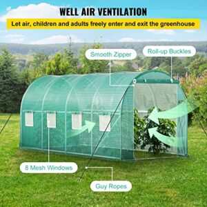 VEVOR Walk-in Tunnel Greenhouse, 14.8 x 6.6 x 6.6 ft Portable Plant Hot House w/ Zippered Door, 8 Roll-up Windows, Galvanized Steel Hoops, 1 Top Beam, and 2 Diagonal Poles, Green