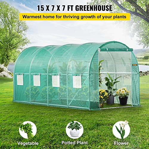 VEVOR Walk-in Tunnel Greenhouse, 14.8 x 6.6 x 6.6 ft Portable Plant Hot House w/ Zippered Door, 8 Roll-up Windows, Galvanized Steel Hoops, 1 Top Beam, and 2 Diagonal Poles, Green