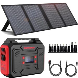 250wh portable power station with 60w solar panel, solar generator outdoor backup battery supply with ac outlet for tent camping, home emergency, traveling, rv trip