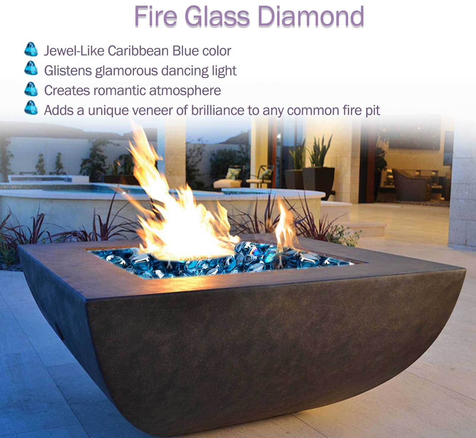 Fire Glass Diamond 1 Inch Firepit Glass Rock 10-Pound Fire Glass Diamonds for Fire Pit Fireplace, Propane Fire Pit, Landscaping - Blue Fire Glass Diamonds