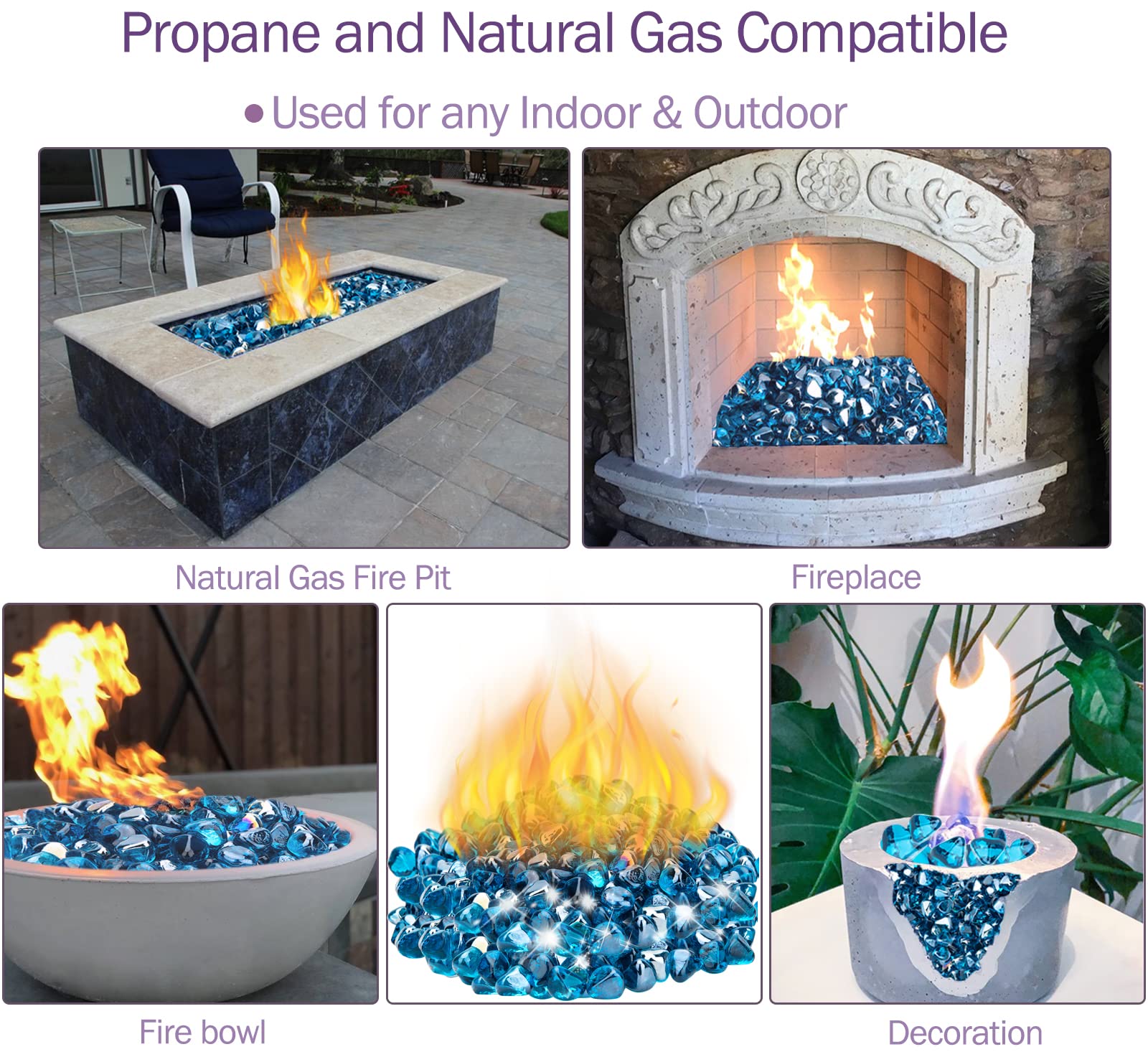 Fire Glass Diamond 1 Inch Firepit Glass Rock 10-Pound Fire Glass Diamonds for Fire Pit Fireplace, Propane Fire Pit, Landscaping - Blue Fire Glass Diamonds