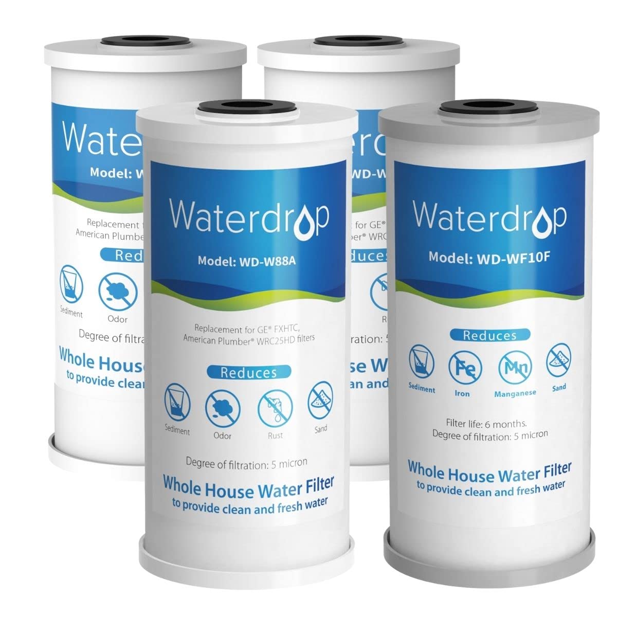 Waterdrop Whole House Water Filter, Carbon Filter, Reduce Iron & Manganese Filter Cartridge, Replacement for GE GXWH40L, FXHTC, Ispring, Culligan RFC-BBSA, Whirlpool, Any 10" x 4.5" System, 5 Micron