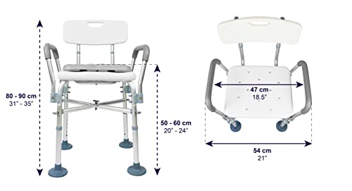 KMINA - Padded Shower Chair with Arms and Back (330 lbs) with Double Reinforced Crossbar and Cushion, Heavy Duty Shower Seat for Adults, Shower Chair for Inside Shower White - Made in Europe