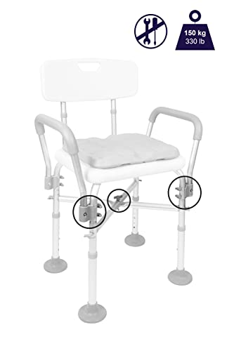 KMINA - Padded Shower Chair with Arms and Back (330 lbs) with Double Reinforced Crossbar and Cushion, Heavy Duty Shower Seat for Adults, Shower Chair for Inside Shower White - Made in Europe