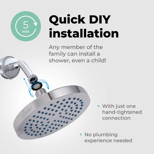 LOKBY 6" High Pressure Shower Head - Rain Fixed Shower Head - Water Pressure Boosting Simple Showerhead Tool-less 1-Min Installation - High Power Flow Bathroom Rainfall Shower Head - Chrome