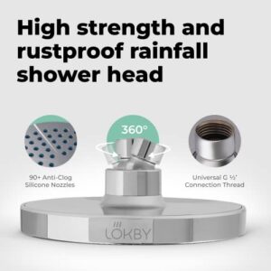 LOKBY 6" High Pressure Shower Head - Rain Fixed Shower Head - Water Pressure Boosting Simple Showerhead Tool-less 1-Min Installation - High Power Flow Bathroom Rainfall Shower Head - Chrome