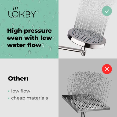 LOKBY 6" High Pressure Shower Head - Rain Fixed Shower Head - Water Pressure Boosting Simple Showerhead Tool-less 1-Min Installation - High Power Flow Bathroom Rainfall Shower Head - Chrome