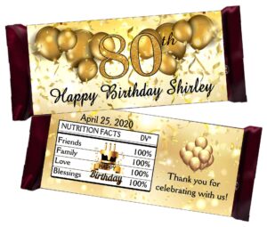 12 ~ gold 80th birthday chocolate candy bar wrappers birthday party favors personalized