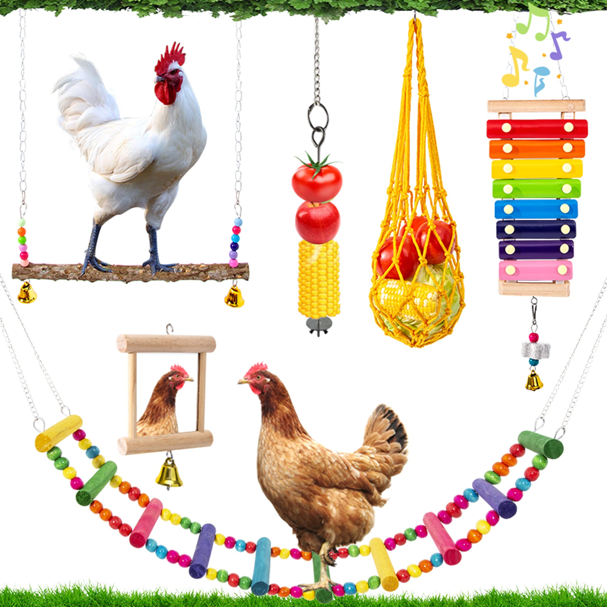 Hipykat 6 Packs Chicken Toys Set - with Chicken Xylophone Toy, Chicken Mirror, Chicken Ladder Bridge, Coop Swing, Vegetable Hanging Chicken Feeder, Chewing Foraging Toys, Accessories for Hens