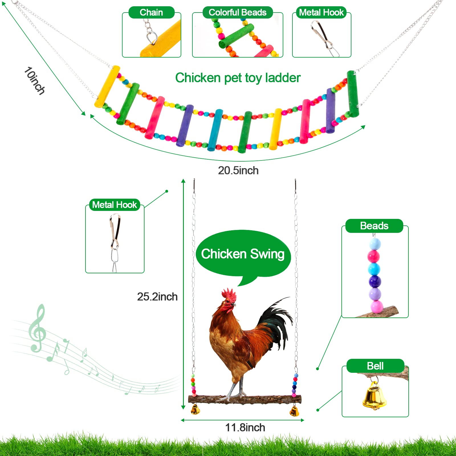 Hipykat 6 Packs Chicken Toys Set - with Chicken Xylophone Toy, Chicken Mirror, Chicken Ladder Bridge, Coop Swing, Vegetable Hanging Chicken Feeder, Chewing Foraging Toys, Accessories for Hens