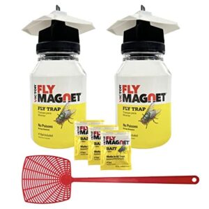 victor m380 [set of 2] reusable outdoor fly traps - our fly trap combination pack is bundled with a home and country usa fly swatter and an extra refill bait pack of three