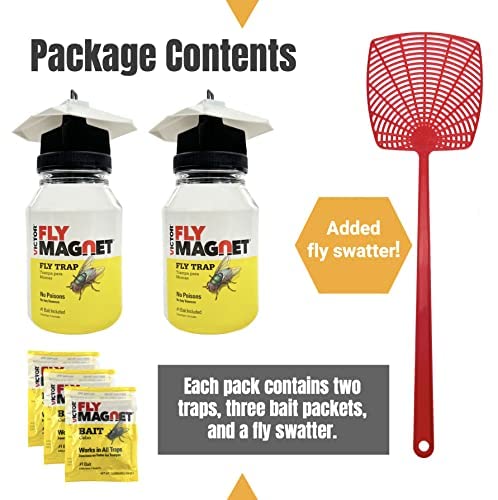 Victor M380 [Set of 2] Reusable Outdoor Fly Traps - Our Fly Trap Combination Pack is Bundled with a Home and Country USA Fly Swatter and an Extra Refill Bait Pack of Three