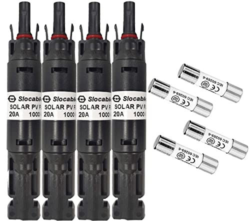 Solar Odyssey MC 20A Pack of 4 Solar Fuse Holder Connector with Single Fuse 1000V in-line Waterproof Fuse Holder IP68 Male and Female Controller for Solar Panel and Inverter in PV System