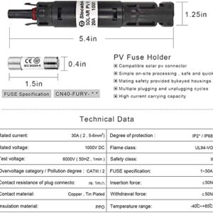 Solar Odyssey MC 20A Pack of 4 Solar Fuse Holder Connector with Single Fuse 1000V in-line Waterproof Fuse Holder IP68 Male and Female Controller for Solar Panel and Inverter in PV System