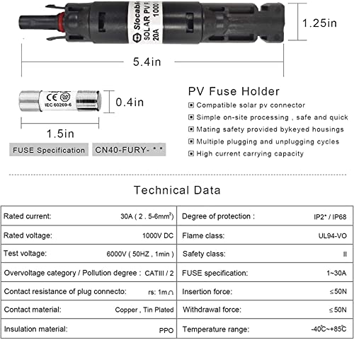 Solar Odyssey MC 20A Pack of 4 Solar Fuse Holder Connector with Single Fuse 1000V in-line Waterproof Fuse Holder IP68 Male and Female Controller for Solar Panel and Inverter in PV System