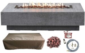 ams fireplace | elementi | large rectangular natural gas fire pit table | free bio-ethanol tabletop lantern | with canvas cover, lava rocks, and gas key valve | fuel: natural gas, hampton - light grey