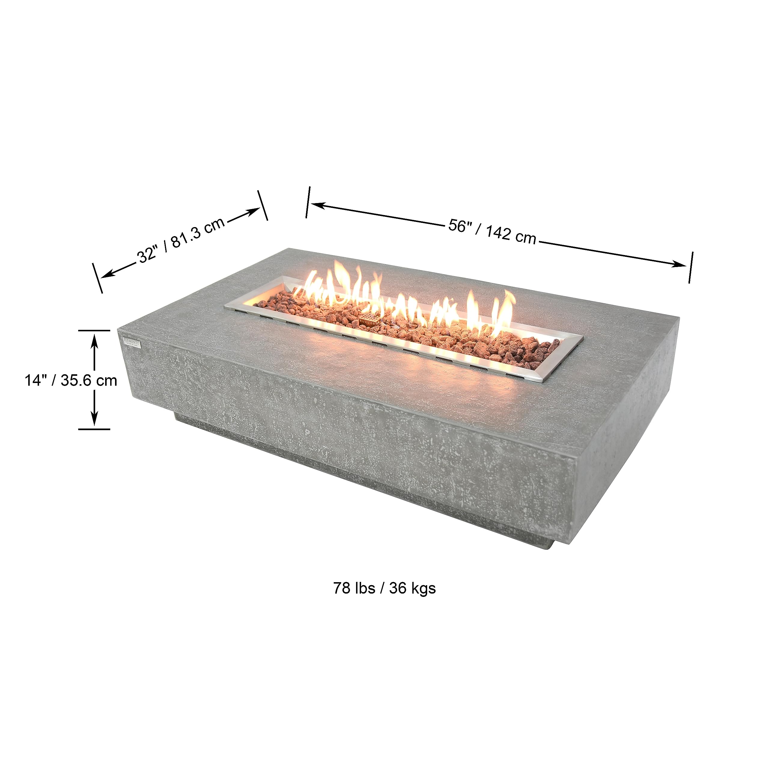 AMS Fireplace | Elementi | Large Rectangular Natural Gas Fire Pit Table | Free Bio-Ethanol Tabletop Lantern | With Canvas Cover, Lava Rocks, and Gas Key Valve | Fuel: Natural Gas, Hampton - Light Grey