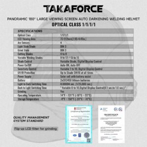 TAKAFORCE Auto Darkening Welding Helmet with Large 180° Panoramic Viewing Screen, Side View, True Color, Highest Optical Class 1/1/1/1, 4 Arc Sensor, 9-12/13-15 Variable Welding Shades,Flip Up Design.