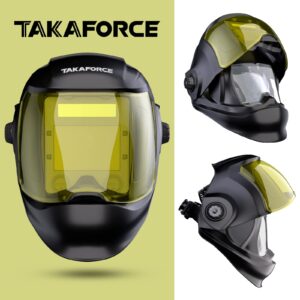 TAKAFORCE Auto Darkening Welding Helmet with Large 180° Panoramic Viewing Screen, Side View, True Color, Highest Optical Class 1/1/1/1, 4 Arc Sensor, 9-12/13-15 Variable Welding Shades,Flip Up Design.