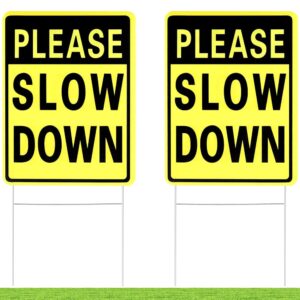 kichwit 2 pack double sided please slow down sign plastic yard signs with metal stakes, sign measures 11.8 x 15.7 inches