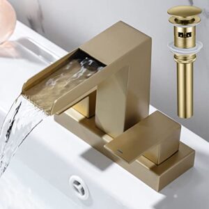 hamoler 4 inch centerset bathroom waterfall faucet 2 handle 3 hole lavatory vanity faucet waterfall basin faucet with pop up drain with overflow, brushed gold