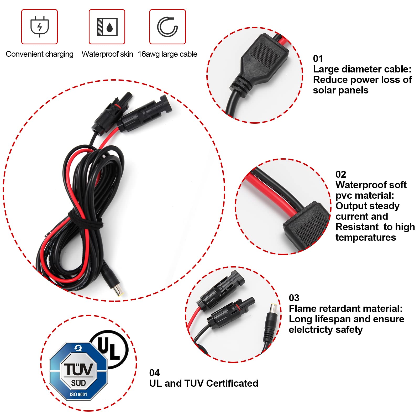 10Ft Solar Panel Connector to DC8mm Adapter Extension Cable, 16AWG Heavy Duty Wire Solar Connector for Portable Backup Power Station Solar Generator