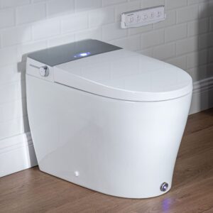 casta diva smart toilet with auto open/close lid, heated seat, warm water bidet, digital display for temp control, foot kick flush, auto flushing, 1.28gpf bidet toilet with remote
